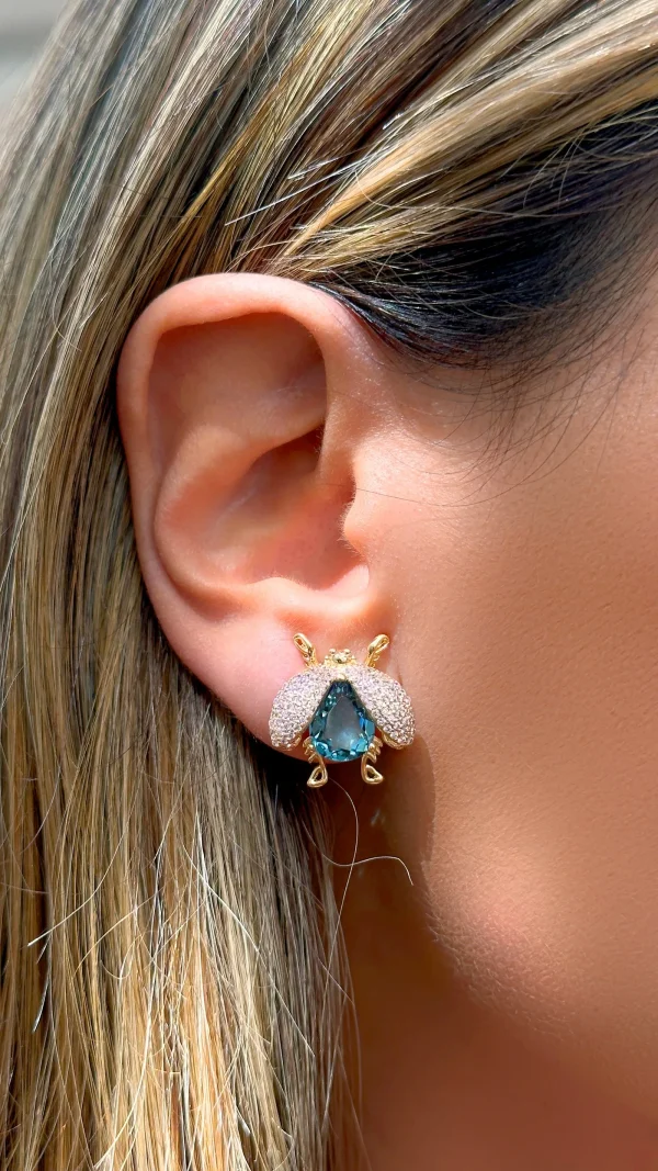 London Blue Crystal & Pink Zirconia Bug Earrings - Image 4