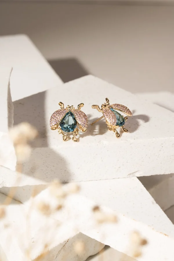 London Blue Crystal & Pink Zirconia Bug Earrings - Image 3