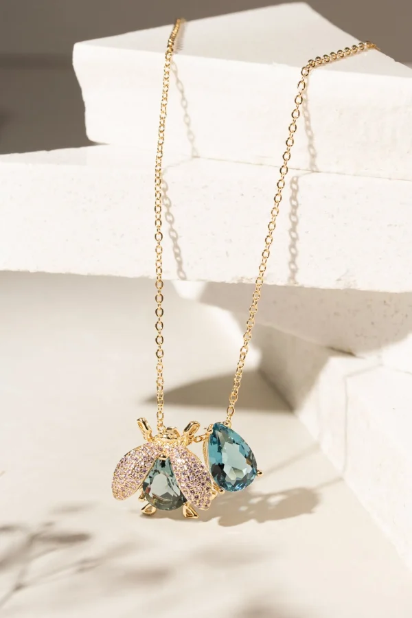 London Blue Crystal & Pink Zirconia Bug Necklace - Image 2