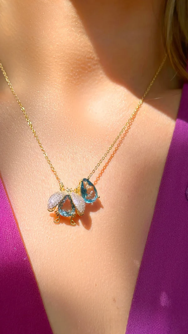 London Blue Crystal & Pink Zirconia Bug Necklace - Image 3