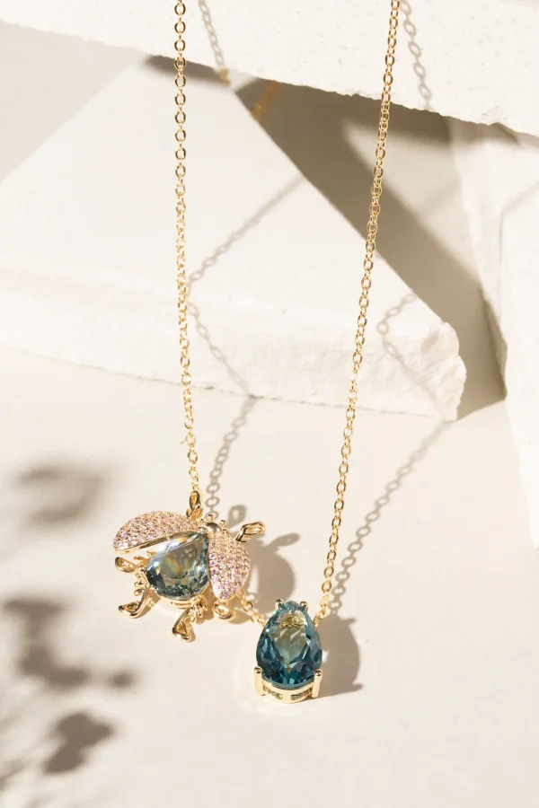 London Blue Crystal & Pink Zirconia Bug Necklace - Image 4
