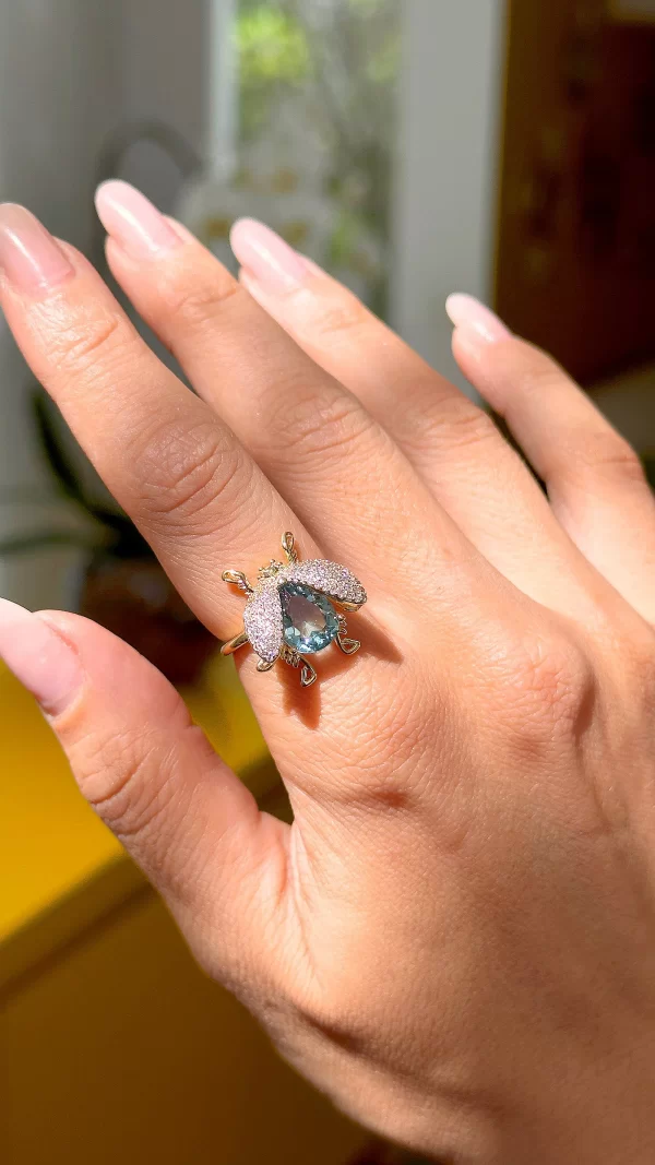 London Blue Crystal & Pink Zirconia Bug Ring - Image 2